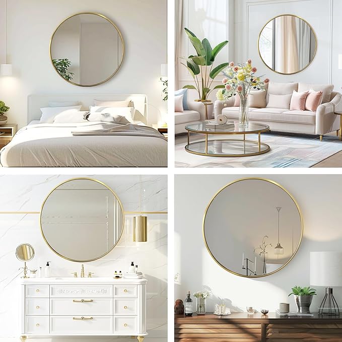 Gold Round Mirror, 28 Inch Gold Circle Mirror, Metal Frame Round Wall Mounted Mirrors for Bathroom, Living Room, Bedroom, Entryway, Vanity, Golden, Brass