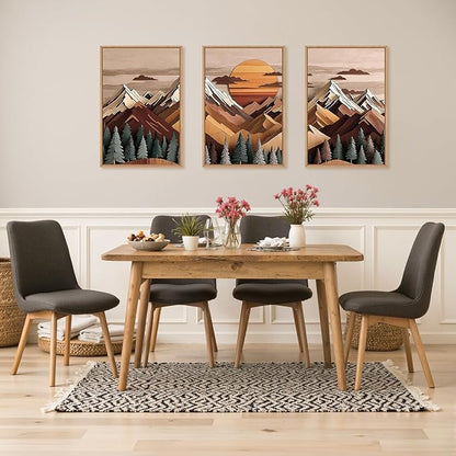 KAIRNE Woodcut Style Mountain Framed Canvas Wall Art Set,Wooden Pine Tree Wall Decor,Vintage Forest Landscape Art Prints,Nature Sunrise Artwork for Living Room,Bedroom,Farmhouse,Office-16 x24 x3