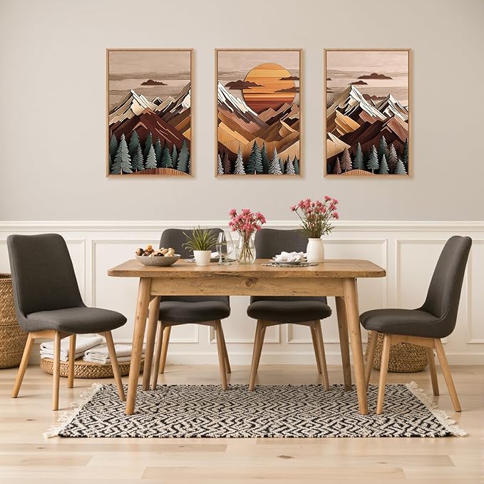 KAIRNE Woodcut Style Mountain Framed Canvas Wall Art Set,Wooden Pine Tree Wall Decor,Vintage Forest Landscape Art Prints,Nature Sunrise Artwork for Living Room,Bedroom,Farmhouse,Office-24 x36 x3
