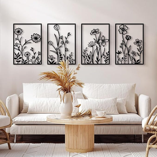 Sokurdeg Black Metal Flower Wall Decor, Minimalist Floral Botanical Wall Art, Abstract Line Boho Farmhouse Decor for Living Room, Bathroom, Bathroom, Office, Meaningful Gift (4 Pcs, 12x17 in)