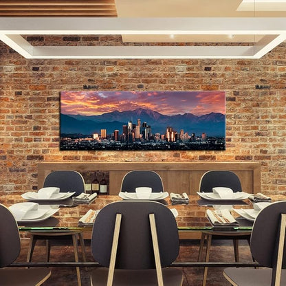 iKNOW FOTO Cityscape Canvas Wall Art California in Sunrise Poster Artwork Canvas Prints USA Famous Landmark Art Wall Decor Downtown Los Angeles Skyline Picture Painting for Bedroom Decor 20x55inch