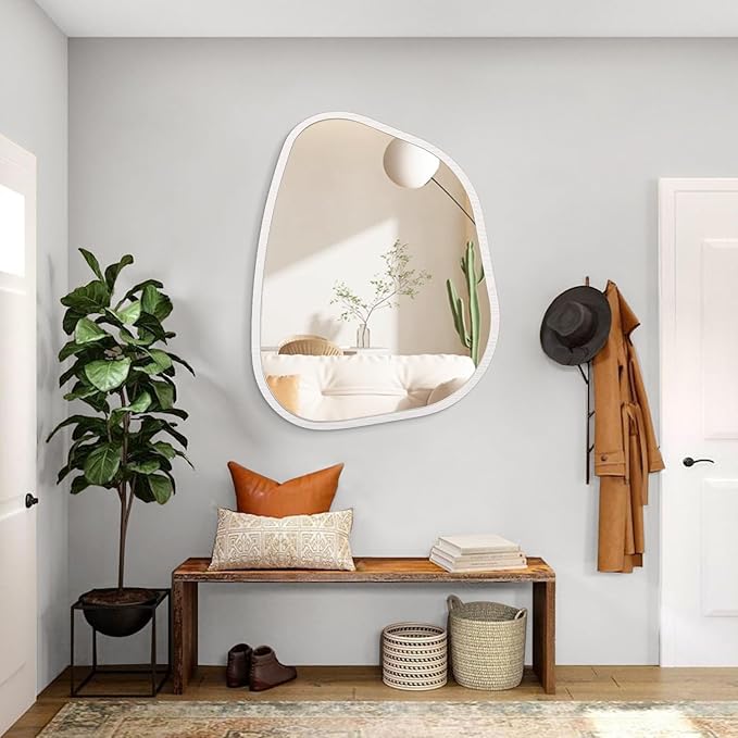 Asymmetrical Mirror Small 26"x18" Irregular Wall Mirror Modern Wood Frame Unique Shape Wall Mounted Vanity Artistic Mirror Decorative for Living Room Bedroom Bathroom Entryway Hallway