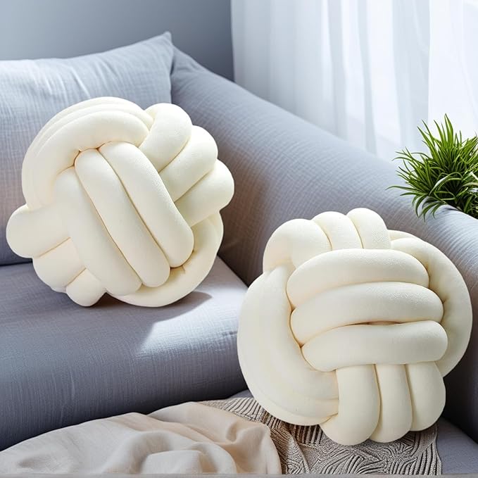 2 Pcs Knot Pillow Ball, Ivory Knotted Pillow Plush Ball Pillows, 11" Decorative Throw Pillows for Sofa Couch Aesthetic Home Decor