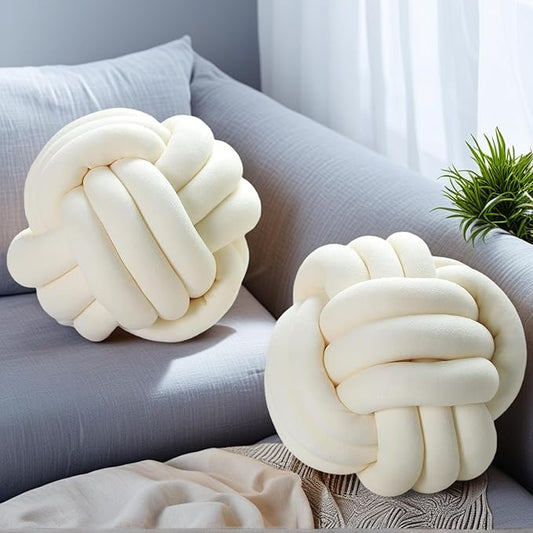 2 Pcs Knot Pillow Ball, Ivory Knotted Pillow Plush Ball Pillows, 11" Decorative Throw Pillows for Sofa Couch Aesthetic Home Decor
