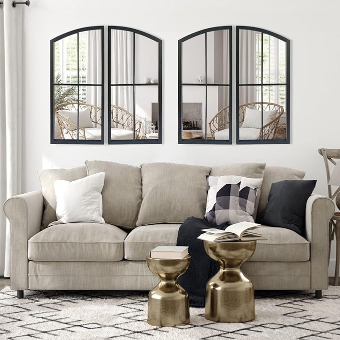 Black Arch Mirror,Window Pane Wall Decor,Farmhouse Wall Mirrors with Iron Frame for Entryway,Hallway,Living Room,Fireplace.2-Pack 26.4"X13.4"