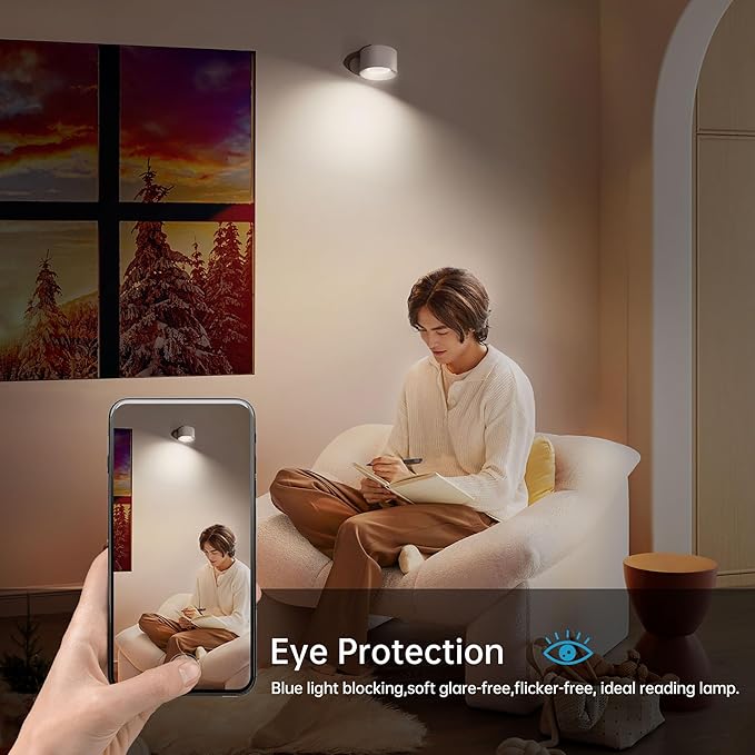 AKSDA Battery Operated Wall Light, LED Lamp with 360 Adjustable Lighting Indoor, 3 Color Modes, 3 Brightness Levels, Touch Control, Mounted for Bedroom, Reading, Bedside - 1 Pack, White