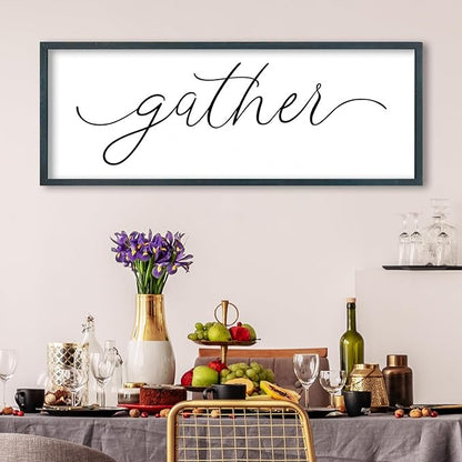 FZMHASLWW Gather Sign Wall Decor 40"×15" Large Wooden Framed for Dining Room Simple Home Kitchen Hanging Art (Black)