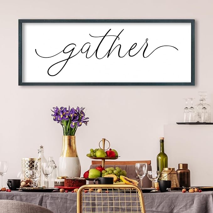 FZMHASLWW Gather Sign Wall Decor 32"×12" Large Wooden Framed for Dining Room Simple Home Kitchen Hanging Art (Black)