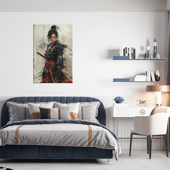 Japanese Female Samurai Wall Art Woman Fight Painting Canvas Prints Warrior Figure Pictures Bushido Posters Japanese Culture Theme Artwork for Bedroom Living Room Decor (28''W x 44''H)