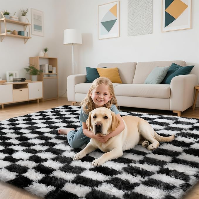 Checkered Rug for Living Room, 6x9 Black and White Area Rugs, Classic Checkered Carpets Shag Area Rug, Bedside Rugs for Living Room Bedroom Kids Room Home Decor