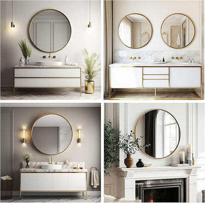 Sunniry Gold Round Mirror 16 inch, Small Round Mirror, Gold Circle Mirrors, Brushed Metal Frame Circle Mirrors for Bathroom, Bedroom, Vanity, Wall Decor.