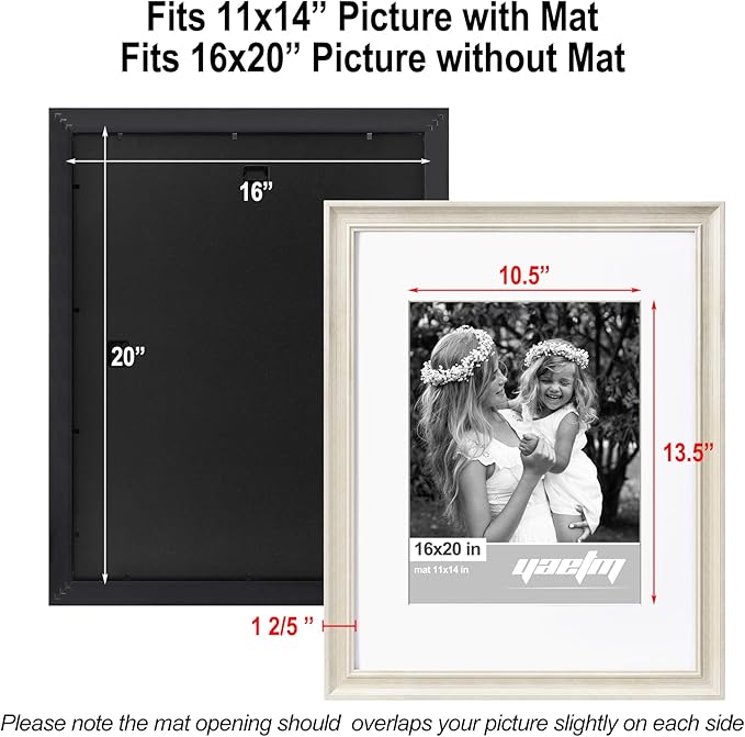 Yaetm 16x20 Picture Frame Matted to 11x14 Set of 2, 1.4" Wide Molding & Rustic White 16x20 Frames for Wall Gallery, Wall Mounting (2 pack, White)