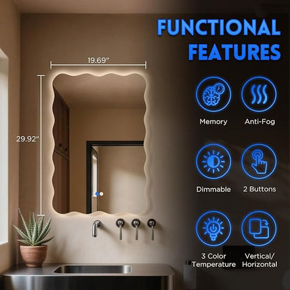 Dorlicecass Wavy Led Bathroom Mirror- Vanity Mirror with Lights IP54 Enhanced Anti-Fog, 20"x30" Single Piece 3 Colors Dimmable, Memory,Tempered Glass,UL Listed