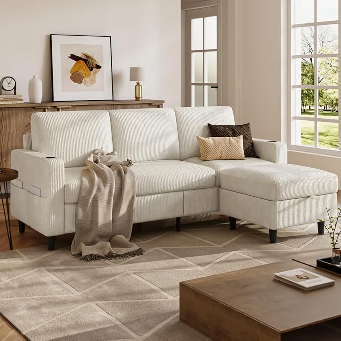 Convertible Sectional Couches for Living Room, 3 Seats L Shaped Sofa with Storage Ottoman and 2 Cup Holders, Modern Corduroy Couch Small Sofas for Small Space Apartment Office, Beige