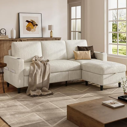 Convertible Sectional Couches for Living Room, 3 Seats L Shaped Sofa with Storage Ottoman and 2 Cup Holders, Modern Corduroy Couch Small Sofas for Small Space Apartment Office, Beige