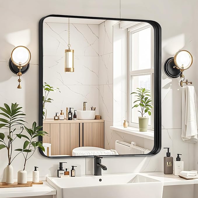 Fabuday Black Wall Mirror for Bathroom - 24x24 Inch Square Bathroom Mirrors for Over Sink, Small Framed Mirror with Black Matte Frame for Restroom, Hallway, Entryway, Living Room, Bedroom Decor