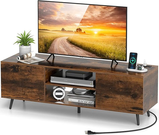 Tangkula TV Stand for 60" TVs, Entertain Center w/Power Outlets, Mid Century Modern Media Console Table w/Adjustable Shelf, 2 Cabinets & Metal Support Legs for Living Room Bedroom (Rustic Brown)
