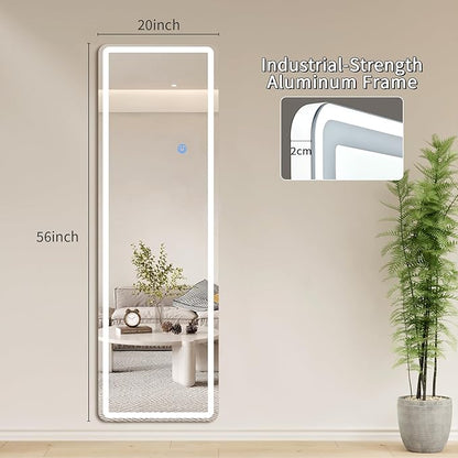 Koonmi LED Full Length Mirror, 56"x20" Full Length Mirror with Lights, Lighted Floor Mirrors with Stand, Full Body Mirrors with Dimming & 3 Color Lightingfor Living Room Cloakroom, White