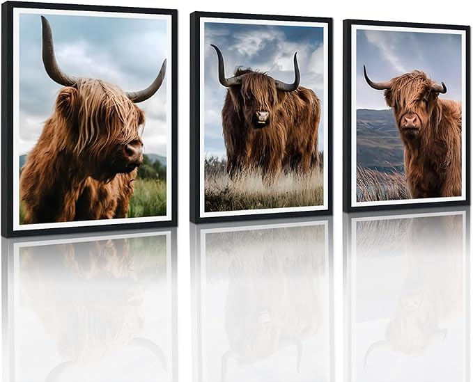 3 Pieces Farmhouse Animals Framed Canvas Wall Art Highland Cow Picture Wall Decor for Country House Modern Cow Portrait Print Artwork for Living Room Decoration Easy to Hand 16x24inchx3pcs