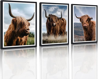 3 Pieces Farmhouse Animals Framed Canvas Wall Art Highland Cow Picture Wall Decor for Country House Modern Cow Portrait Print Artwork for Living Room Decoration Easy to Hand 16x24inchx3pcs