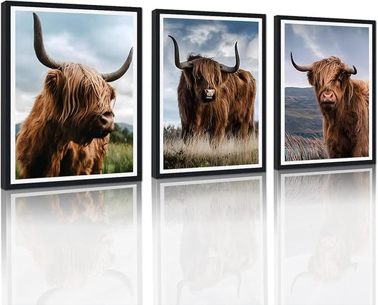 3 Pieces Farmhouse Animals Framed Canvas Wall Art Highland Cow Picture Wall Decor for Country House Modern Cow Portrait Print Artwork for Living Room Decoration Easy to Hand 16x24inchx3pcs