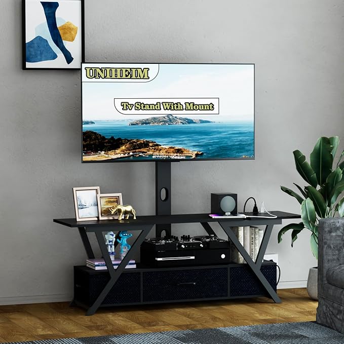 TV Stand with Swivel Mount and Power Outlet,Black Entertainment Center with LED Lights for 32-70 Inch TV, TV Console Table with Fabric Drawers Storage for Bedroom/Living Room