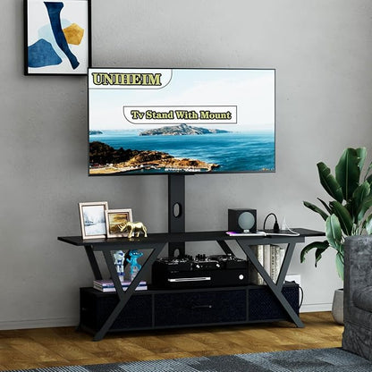 TV Stand with Swivel Mount and Power Outlet,Black Entertainment Center with LED Lights for 32-70 Inch TV, TV Console Table with Fabric Drawers Storage for Bedroom/Living Room