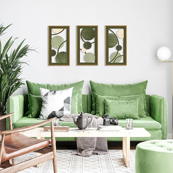 KAIRNE Boho Sage Green Wooden Wall Art,3 pieces Abstract Modern Wall Sculptures,Rustic Geometric Framed Hanging Decor,Minimalist Mid Century Wall Decor for Living Room Bedroom Farmhouse 8X16 inch
