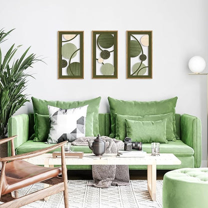 KAIRNE Boho Sage Green Wooden Wall Art,3 pieces Abstract Modern Wall Sculptures,Rustic Geometric Framed Hanging Decor,Minimalist Mid Century Wall Decor for Living Room Bedroom Farmhouse 8X16 inch