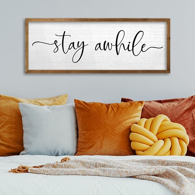 TQianJiang Living Room Wall Decor Stay Awhile Sign 24"×10" Cozy Home Inspirational Quote for Home Entryway Plaque Hallway Rustic Farmhouse Large Wood Framed Wall Hanging Art (Wood)