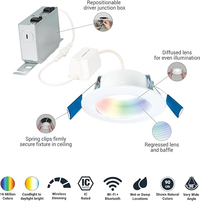 HALO 4 inch Smart Wi-Fi Recessed Canless LED Downlight 4-Pack, Connected by WiZ Pro with SpaceSense Motion Detection, Tunable White, 16M+ Colors WiZ App Control, Wet Rated, Dimmable - RLWZC409-4PK
