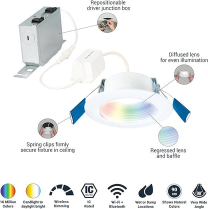 HALO 4 inch Smart Wi-Fi Recessed Canless LED Downlight 4-Pack, Connected by WiZ Pro with SpaceSense Motion Detection, Tunable White, 16M+ Colors WiZ App Control, Wet Rated, Dimmable - RLWZC409-4PK