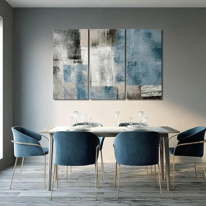 SDYA Blue Abstract Wall Art Set Of 3 Canvas,20x40 Inch Modern Blue Grey Minimalist Painting, Contemporary Wall Decor for Living Room Bedroom Office