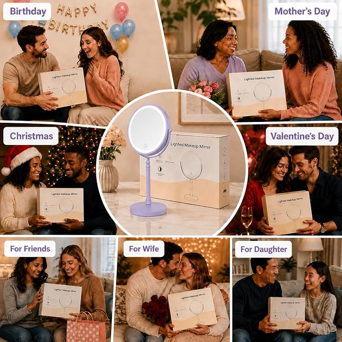 DEIOVWXS Makeup Mirror, 3000mAh Rechargeable Double-Sided Magnifying Vanity Mirror with 3 Colors, 1X/10X, Adjustable Brightness, Gifts for Mom, Mothers Day, Women, Wife, Girls, Dorm Room Essential
