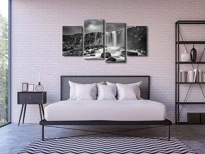 Pyradecor 4 panels Black and White Rocky Waterfall Pictures Paintings on Canvas Wall Art Prints for Wall Decor Living Room Modern Grace Landscape Sea Beach Giclee Canvas Print Artwork Home Decorations