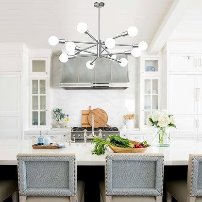 10.9"-52.3" Height Adjustable Modern Chandelier Ceiling Light Fixture, 12-Light Sputnik Chandeliers Brushed Nickel Mid Century Chandelier Over Table, Chandeliers for Dining Room (Bulbs Not Included)