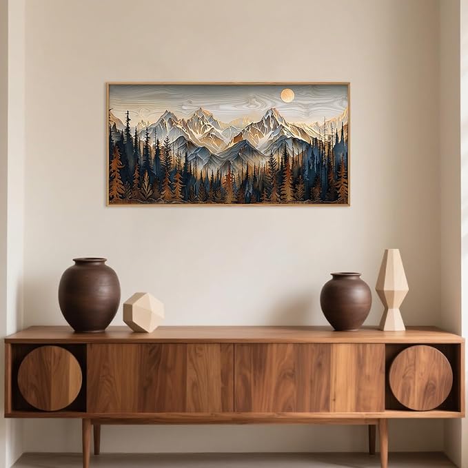 Mountain Wood Framed Canvas Wall Art Set,Rustic Pine Trees Wall Painting,Boho Ridge Scenery Wall Decor,Natural Sun Landscape Art Print for Living Room,Bedroom,Dining Room,Office-20 x40 x1