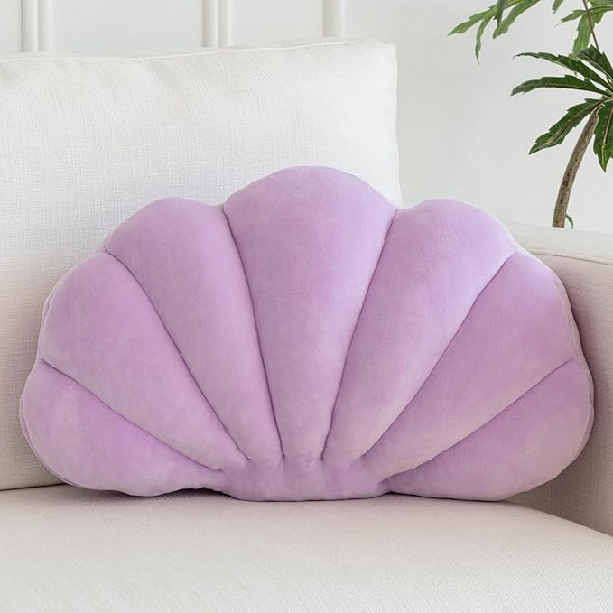 Shell Pillow, Shell Shaped Decorative Throw Pillows with Velet for Couch Bed, Cute Seashell Beachy Room Decor Aesthetic Throw Pillows for Bedroom Living Room(18x13 Inches, Lavender)