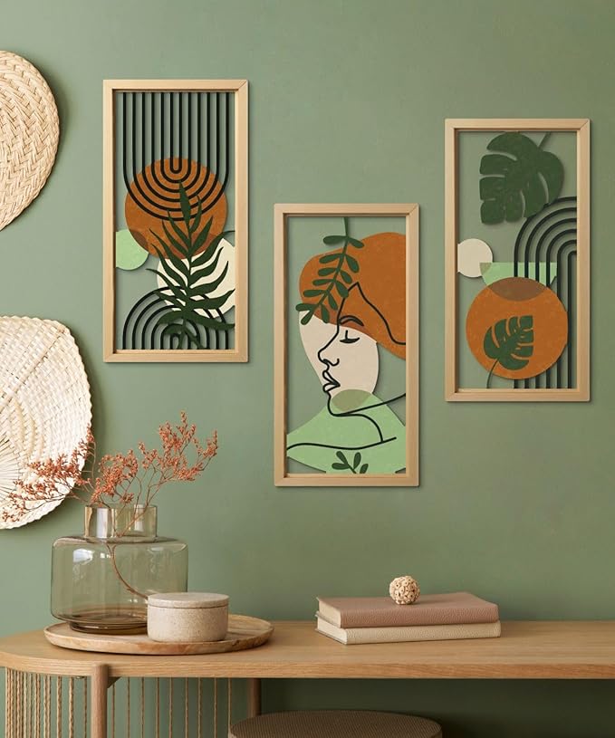 Putuo Decor Set of 3 Boho Wall Decor with Woman Face, Abstract Wall Art Botanical Cut-Out MDF Panels, Mid-Century Modern Aesthetic Artwork for Bedroom Living Room Office