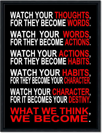 Pyradecor Black Framed Canvas Wall Art Inspirational Poster Office Positive Quotes Watch Your Thoughts Motivational Classroom Artwork for Living Room Home Decorations