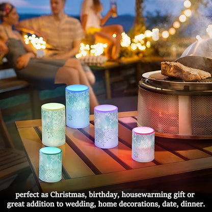 Christmas Lights Decorations Flameless Candles Silver Winter Teal Turquoise Snowflakes Christmas Pillar Candles Set of 2 Battery Operated Remote Control Warm Lights
