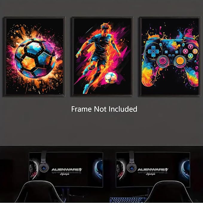 BGFCE Canvas Wall Art Poster Decor, Paintings Art Game Controller Color Splash Ink Canvas Painting, Posters for Room Aesthetic, Soccer Wall Art for Boys Room Decor 12x16 - Unframed Set of 3