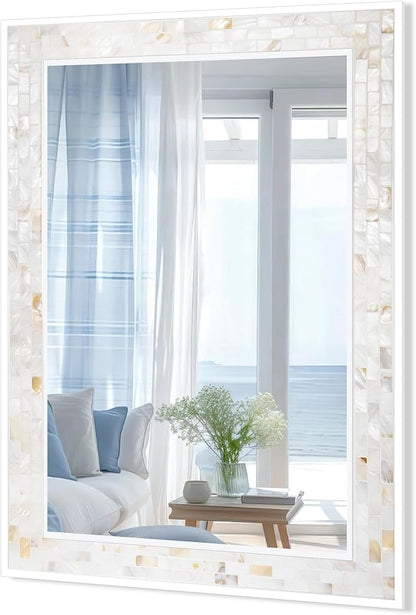 Tanmicoshomy White 24 x 36 Inch Rectangle Bathroom Mirrors for Wall, Natural Shell Inlay Mosaic Mirrors with Tempered Glass for Bedroom, Living Room or Entryway, Horizontal or Vertical Hanging