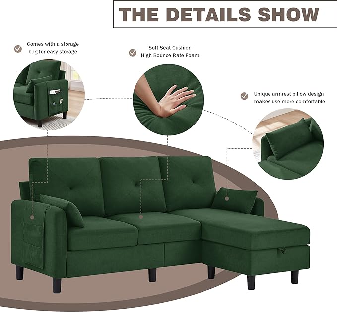 77" Convertible Sectional Sofa, Small L Shaped Couch with Storage Chaise, 3 Seats Modern Polyester Fabric Couches for Living Room, Apartment and Small Space, Green