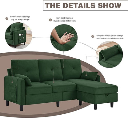 77" Convertible Sectional Sofa, Small L Shaped Couch with Storage Chaise, 3 Seats Modern Polyester Fabric Couches for Living Room, Apartment and Small Space, Green