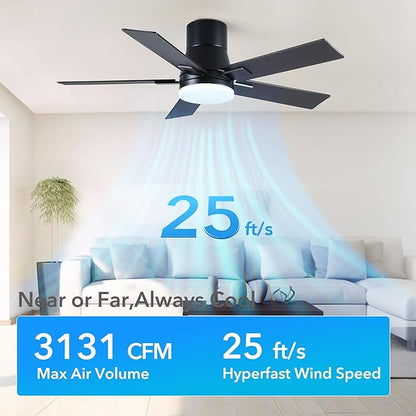 42 Inch Ceiling Fans with Lights and Remote,Flush Mount Black Ceiling Fan with 5 Blades,6 Speed Reversible DC Motor,3CCT Dimmable LED-Low Profile Design for Bedroom, Living room & Covered Outdoor