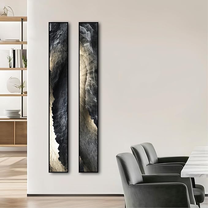 Large Framed Long Narrow Vertical Abstract Wall Art Set of 2, Premium Crystal Porcelain Canvas Prints, Dark Gray White Modern Design - Perfect for Entryway, Hallway, Living Room, Bedroom - 63x10 inch