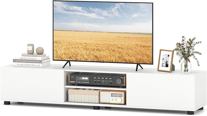 Tangkula Modern TV Stand for up to 70” TVs, 63”L Minimalist Entertainment Center w/ 2 Doors & Open Shelves, Media Console Table Storage Cabinet with 6 Support Feet for Living Room (White, 63”L)