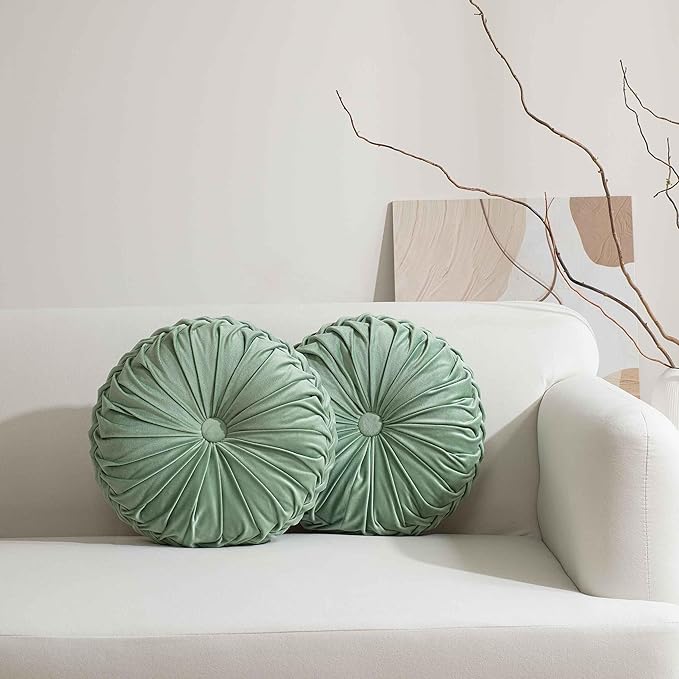 HIG Set of 2 Decorative Round Pleated Throw Pillows, Classy Accent Pumpkin Throw Pillows with Center Button, Vintage Velvet Floor Pillows for Sofa Vanity Chair Bed, Sage, 14.5" Diameter(Ripple)