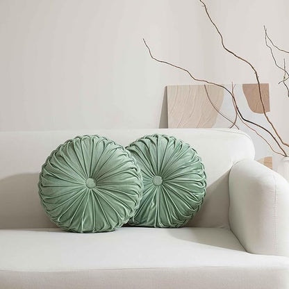 HIG Set of 2 Decorative Round Pleated Throw Pillows, Classy Accent Pumpkin Throw Pillows with Center Button, Vintage Velvet Floor Pillows for Sofa Vanity Chair Bed, Sage, 14.5" Diameter(Ripple)